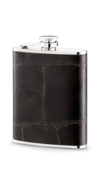 Taschenflasche Edelstahl Leder braunschwarz mit Leinenstruktur 170 ml